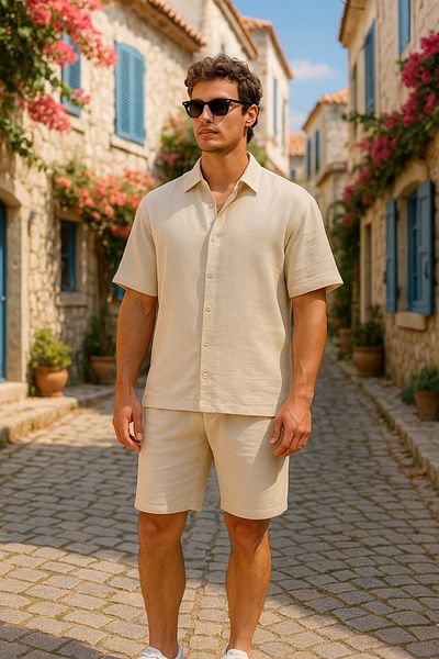 Pobudo Cream Color Linen Look Muslin Summer Set - Shirt and Shorts Men's Set