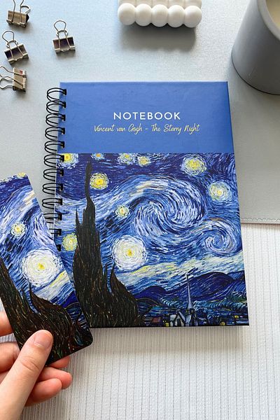 Eldesen Tasarım Spiral Thick Cover Unlined Notebook, A5 Size 80 Sheets 160 Pages, Unlined Notebook, Van Gogh