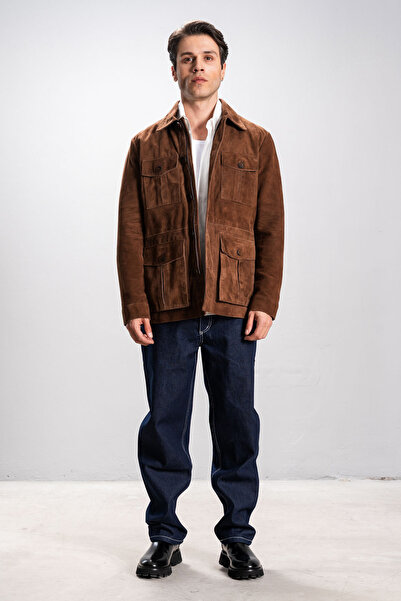 Dericlub DERİCLUB Safari Erkek Torba Cepli Gerçek Deri Süet Ceket TABA