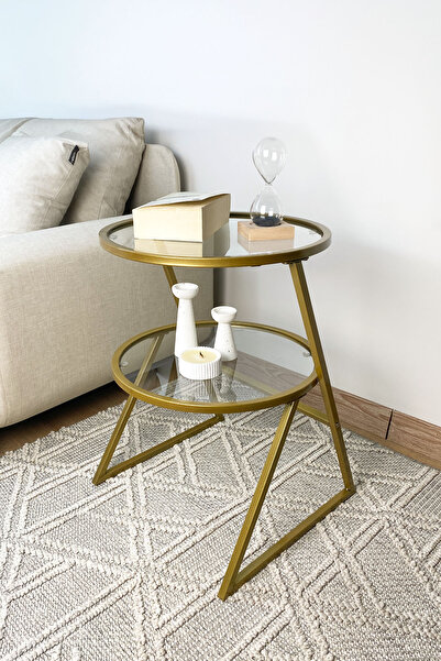 DEKOPRATİK Valencia Yan Sehpa - Gold Metal Şeffaf Camlı Çok Amaçlı Yan Sehpa