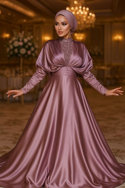 Neva Style Βραδινό φόρεμα με κεντημένο λιλά χιτζάμπ 22451lıla