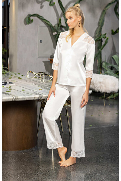 Laperissa Women's White Satin Buttoned Pajama Set with Lace Detail, Stylish and Comfortable 2-Piece Set