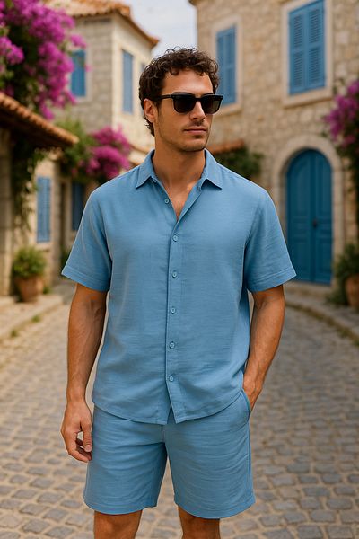 Pobudo Blue Color Linen Look Muslin Summer Set - Shirt and Shorts Men's Set