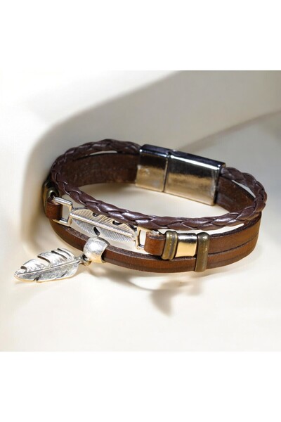 etniko Erkek Tüy Temalı Çoklu Özel Tasarım Hakiki Deri Bileklik