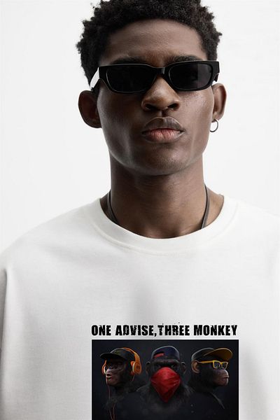Le'sluette shadow of style Men's Three Monkeys Printed 100% Cotton Oversize T-Shirt