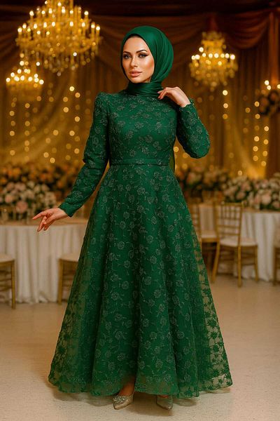 Neva Style Lacy Green Hijab Evening Dress 2238Y