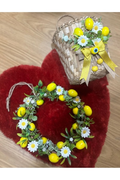 Marrone Ornament pentru ușă cu lămâie Coroană cu coș cu lămâie Cadou pentru casă