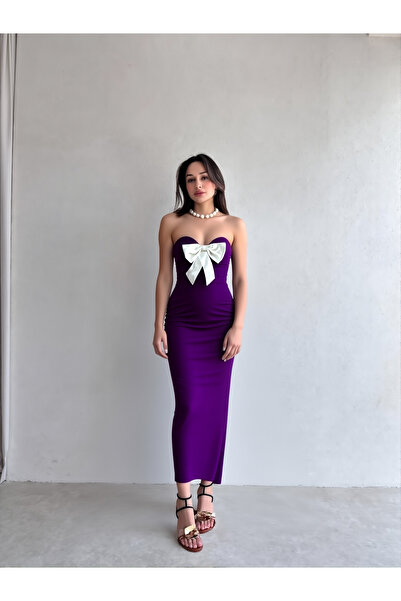 ALFUDO Moda Collection Kadın Midi Fiyonk Detaylı Abiye Mor Elbise