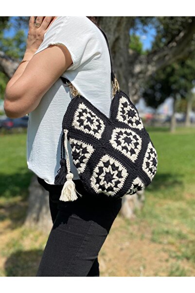 Masal Örgü Evi Masal Μαύρο και άσπρο γυναικείο τσαντάκι ώμου Midi μέγεθος Χει...