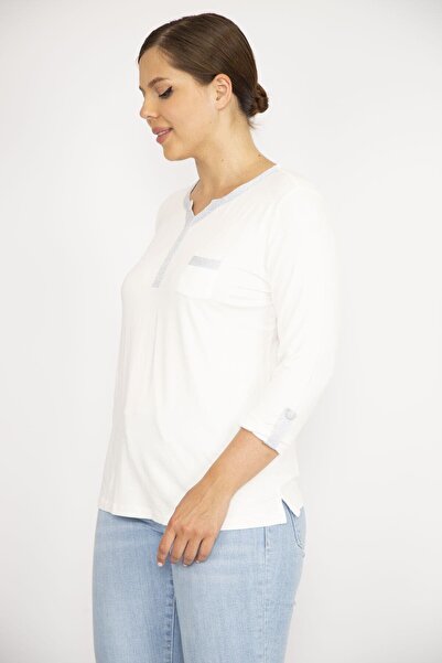 Şans Γυναικεία μπλούζα μεγάλου μεγέθους Λευκό Glitter Λεπτομερής Kiss γιακά Κάπρι Μπλούζα με μανίκια 65n36738