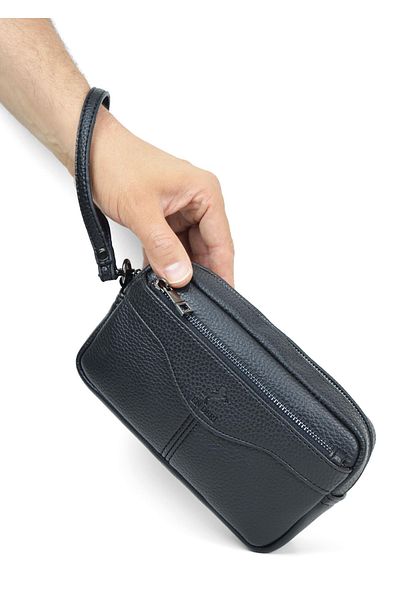 en deri Men's Black Luxury Hand and Wristband Belted Portfolio Handbag