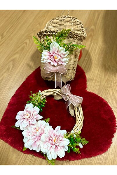 Marrone Σετ δύο ψάθινων καλαθιών με ροζ αστέρια και λουλούδια