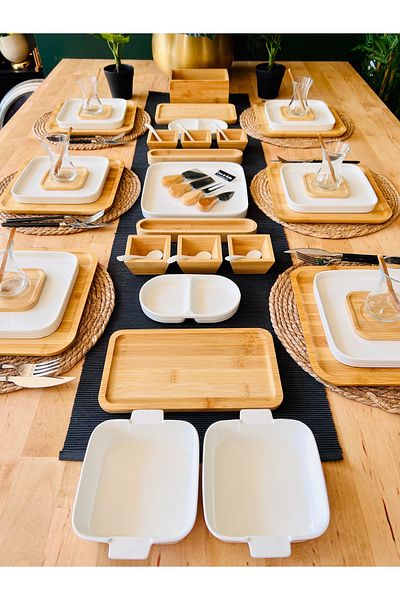 CASA DE BELLA Bamboo Porcelain 56 Piece Breakfast Set for 6 People