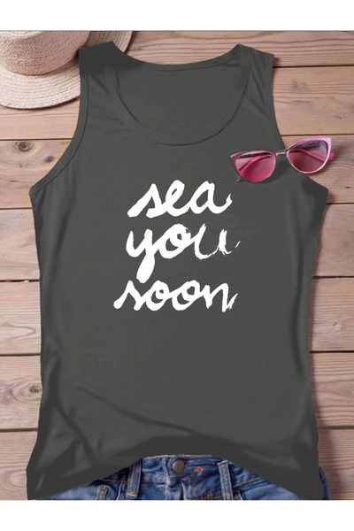 FAVORİST Sea You Noon Γυναικείο βαμβακερό αμάνικο καλοκαιρινό μπλουζάκι με στάμπα