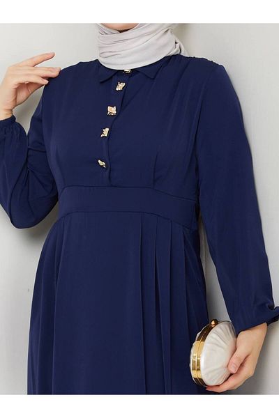 QUAWEAR Shirt Collar Dubai Fabric Full Length Dress with Metal Button Detail