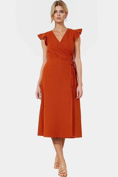 PayBuy Summer Linen Look Midi Dress Double Breasted V Neck Short Sleeve Design High Quality Durable Material
