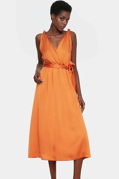 PayBuy Midi Length A-Line Satin Evening Dress Belted Summer Woven Stylish Look for Daily Use