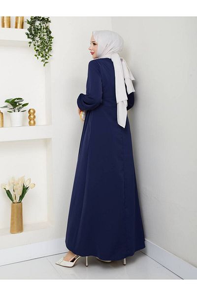 QUAWEAR Shirt Collar Dubai Fabric Full Length Dress with Metal Button Detail
