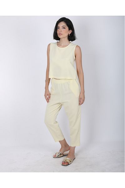 DEQ FASHION Women's Yellow Zero Sleeve Blouse Elastic Waist Pants Linen Bottom Top Set