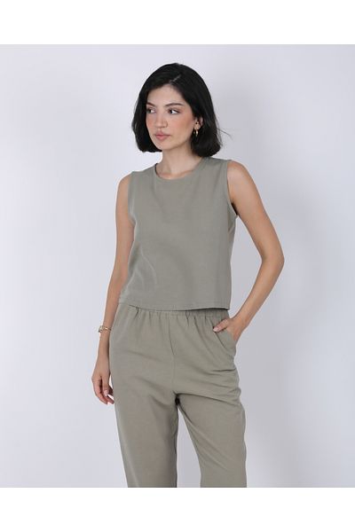 DEQ FASHION Women's Khaki Green Zero Sleeve Blouse Elastic Waist Pants Linen Bottom Top Set