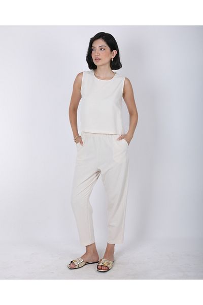 DEQ FASHION Women's Natural Beige Zero Sleeve Blouse Elastic Waist Trousers Linen Bottom Top Set