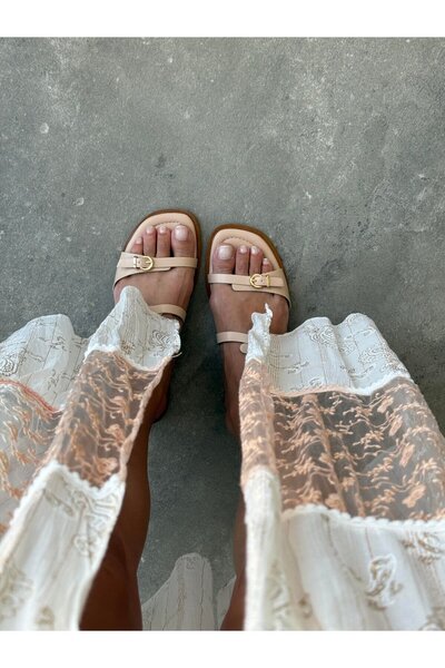 Lorenn Liora Matte Skin Double Tape Belt Detailed Flat Sole Women's Slippers