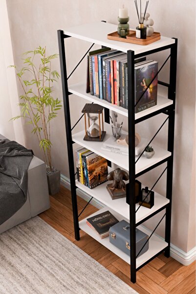 SteelDesing 5 Katlı Kitaplık Dekoratif Kitaplık Metal Kitaplık Ofis Kitaplığı Aksesuar Rafı