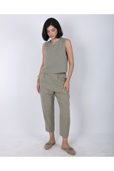 DEQ FASHION Women's Khaki Green Zero Sleeve Blouse Elastic Waist Pants Linen Bottom Top Set
