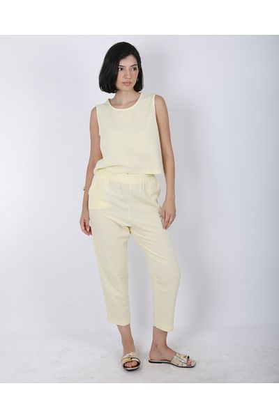 DEQ FASHION Women's Yellow Zero Sleeve Blouse Elastic Waist Pants Linen Bottom Top Set
