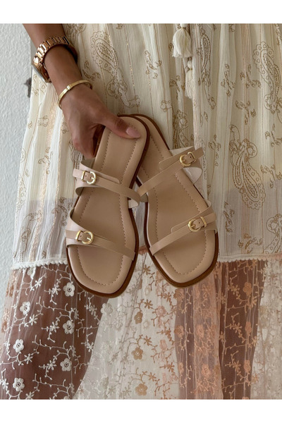 Lorenn Liora Matte Skin Double Tape Belt Detailed Flat Sole Women's Slippers
