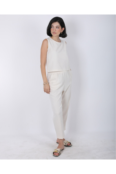 deqfashion Women's Natural Beige Zero Sleeve Blouse Elastic Waist Trousers Linen Bottom Top Set