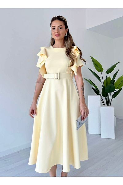 Afiş Butik Yellow Belted Layered Shoulder Detailed Midi Dress