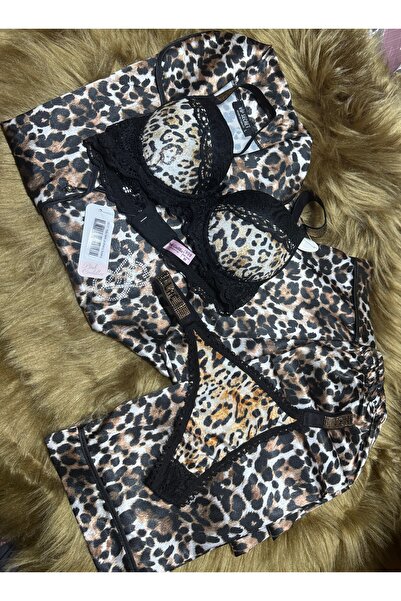 SATTENS 4dílná dámská saténová pyžamová sada s leopardím vzorem a elegantním potiskem