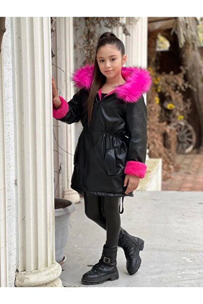 DUDOR KİDS Жіноча куртка-пальто Fusya Welsoft Kurk з капюшоном з чорної шкіри з капюшоном