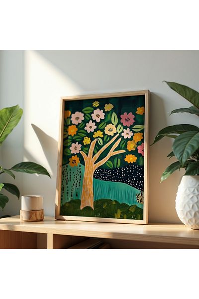 HİGUERA Arborele cu flori colorate - Decor de perete viu Tablou cu rama din lemn natural
