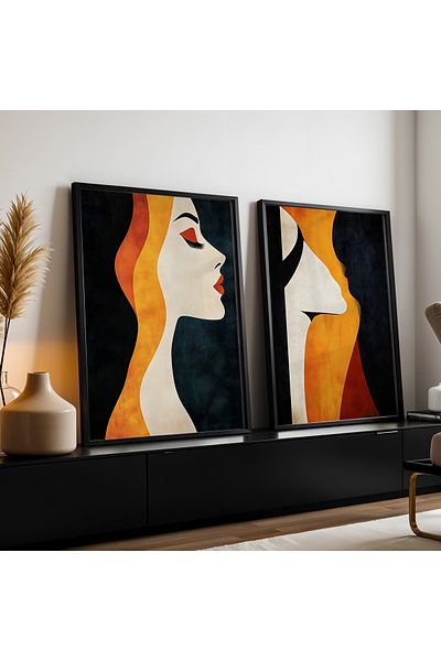 HİGUERA Portret de femeie Desen abstract Roșu Abstract Set de pictură pe perete cu două rame din lemn natural