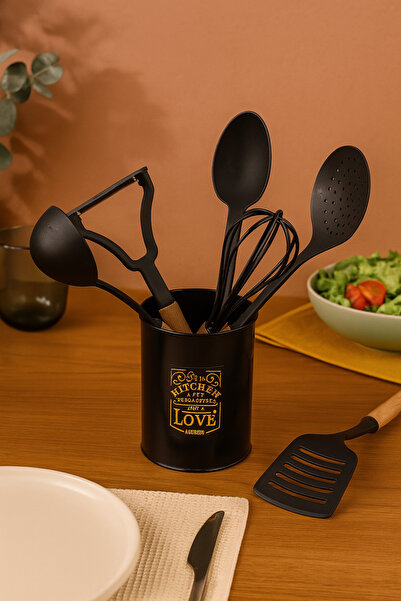 AzzaWood Doğal Ahşap Saplı 7 Parça Servis Seti Siyah