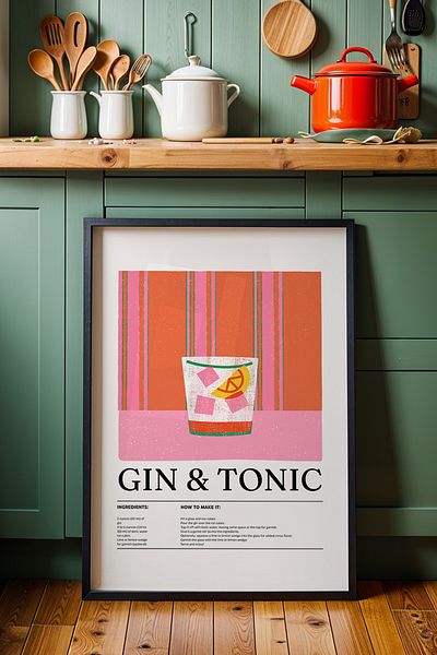 HİGUERA Gin Tonic BAR Tablou de perete pentru bucătărie cu cadru din lemn natural