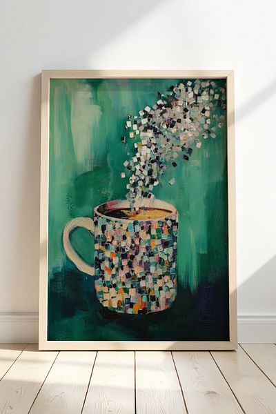 HİGUERA Cana de cafea cu model mozaic Design colorat și dinamic Pictură cu cadru din lemn natural