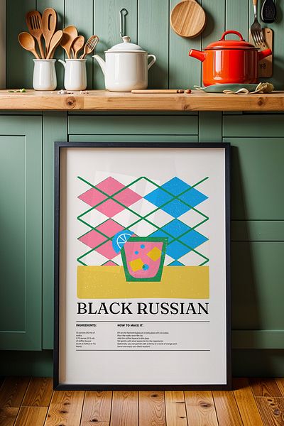 HİGUERA Black Russian BAR Tablou de perete de bucătărie cu cadru din lemn natural