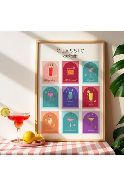 HİGUERA Lista de cocktailuri colorate Cocktail BAR minimalistă Tablou de perete de bucătărie cu cadru din lemn natural