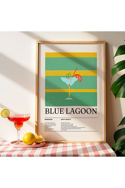 HİGUERA Blue Lagoon Cocktail BAR Tablou de perete de bucătărie cu cadru din lemn natural