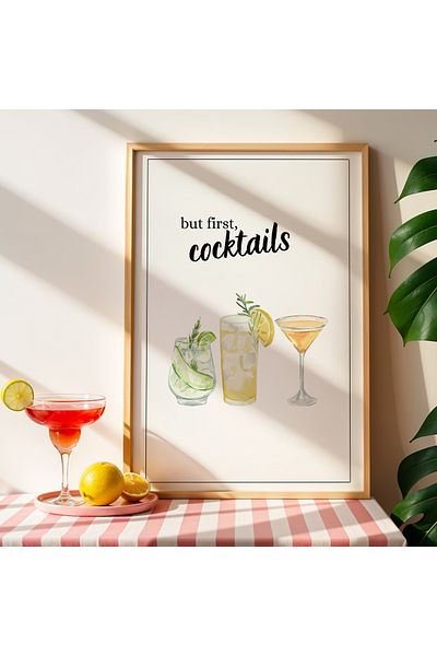 HİGUERA Cocktail Ilustrație BAR Tablou de perete de bucătărie cu rame din lemn natural