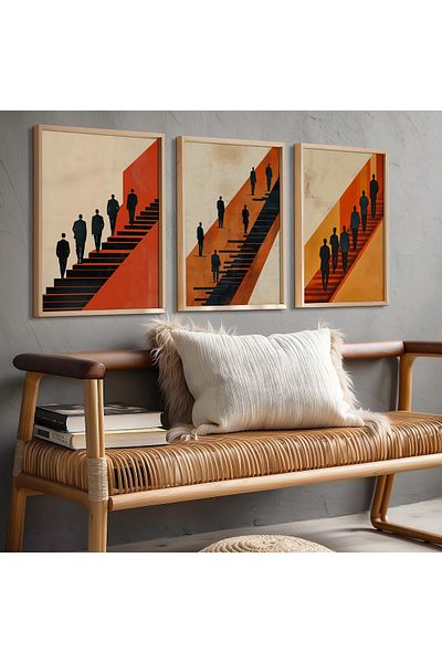 HİGUERA Figură umană abstractă Triple Reds Set de pictură murală abstractă din lemn natural