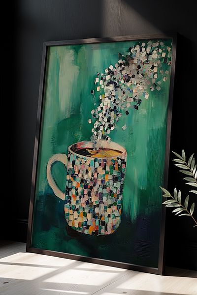 HİGUERA Cana de cafea cu model mozaic Design colorat și dinamic Pictură cu cadru din lemn natural