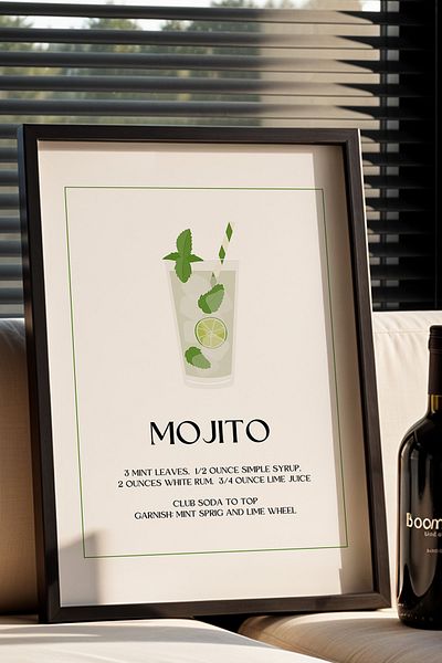 HİGUERA Mojito Cocktail BAR Tablou de perete de bucătărie cu cadru din lemn natural