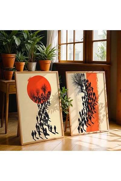 HİGUERA Figurine umane Set de pictură murală cu rame din lemn natural dublu abstract roșu