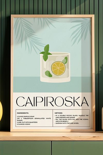 HİGUERA Caipiroska Cocktail BAR Tablou de perete de bucătărie cu cadru din lemn natural