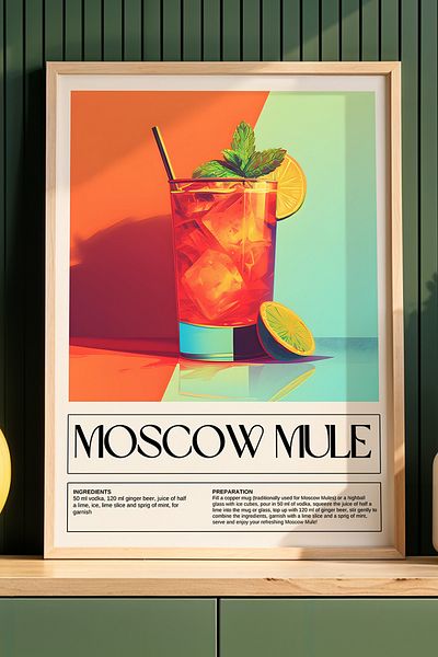 HİGUERA Moscow Mule Ilustrație colorată BAR Tablou de perete de bucătărie cu rame din lemn natural