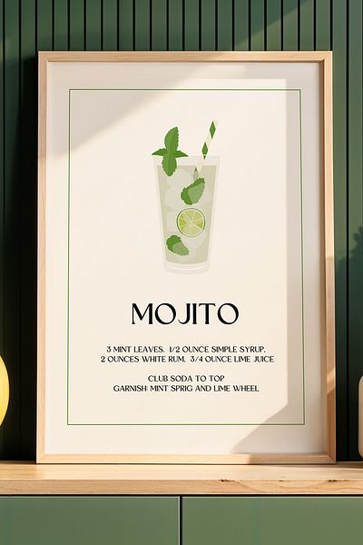 HİGUERA Mojito Cocktail BAR Tablou de perete de bucătărie cu cadru din lemn natural